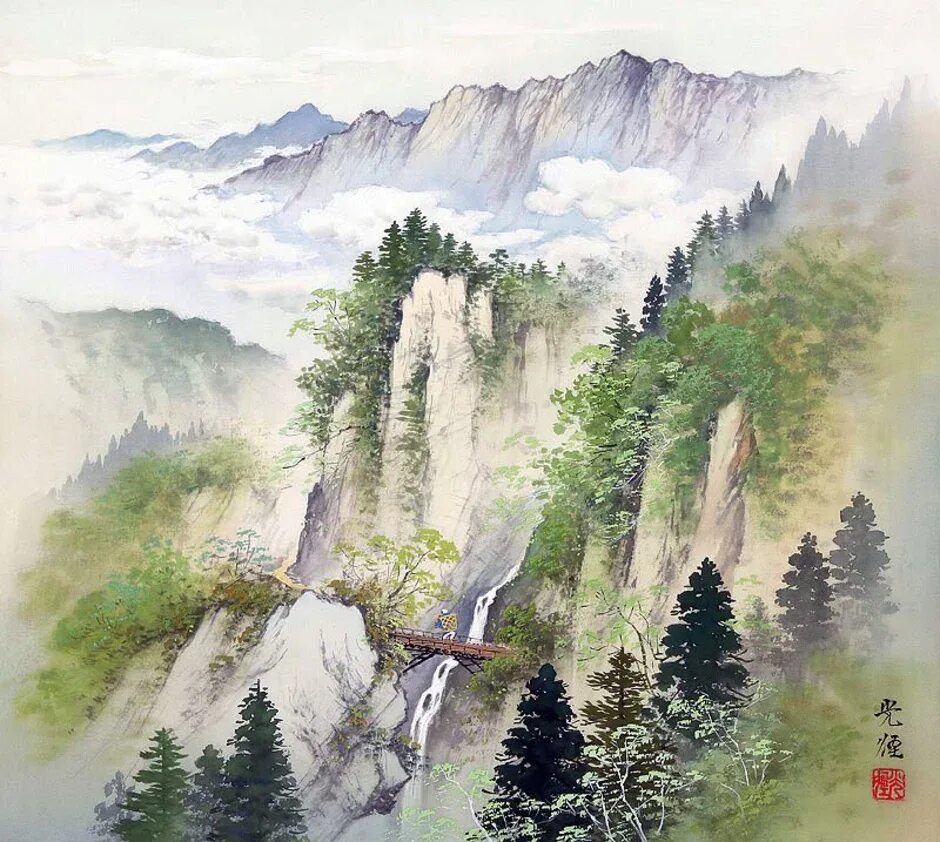 Китайские горы рисунок. Японский художник Koukei Kojima. Коукей Кодзима художник. Японский художник Кодзима Коукей. Китайская Акварельная живопись горы.