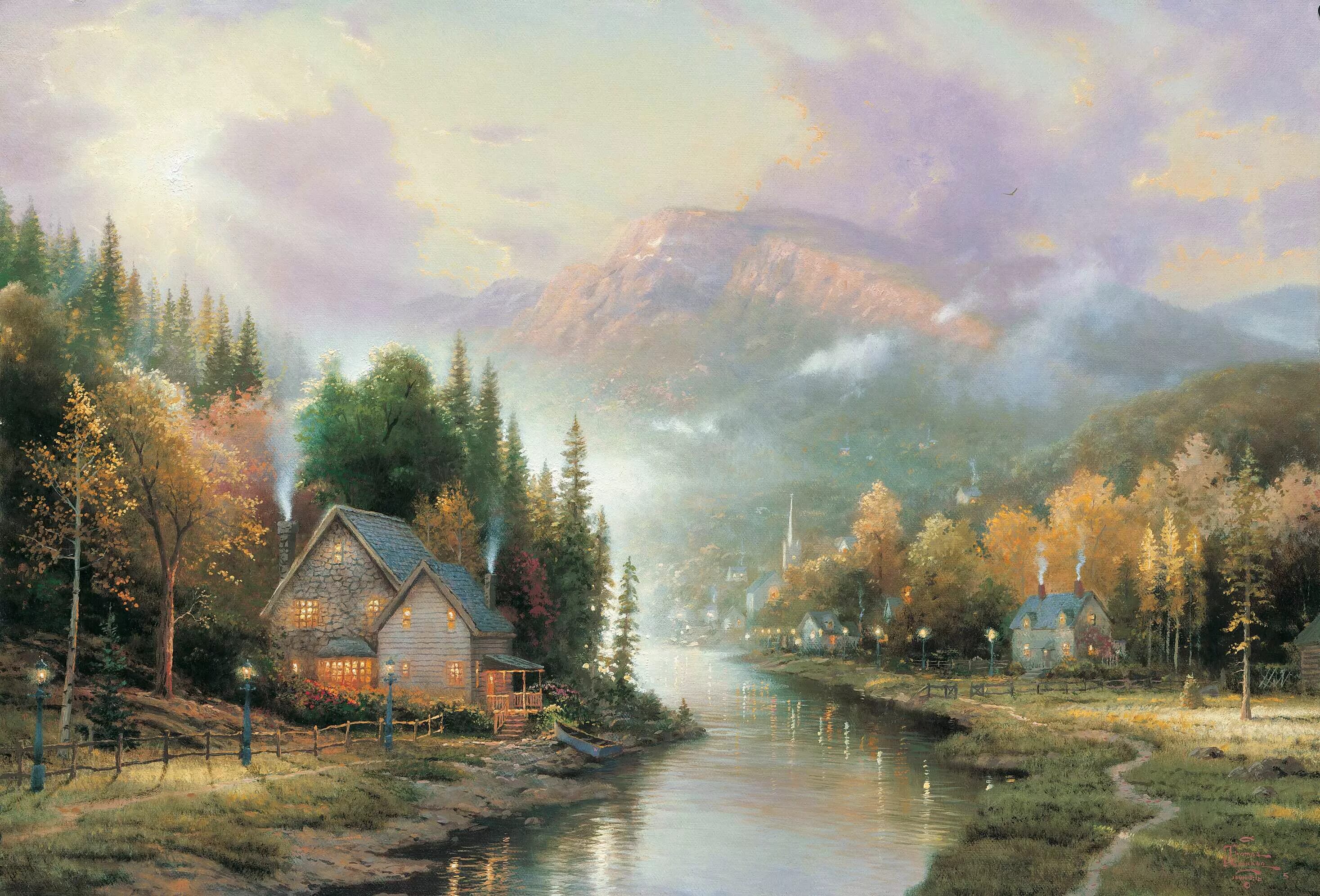 Картины. Томас Кинкейд домик у реки. Картина. Пейзаж поздравляю. Картин.