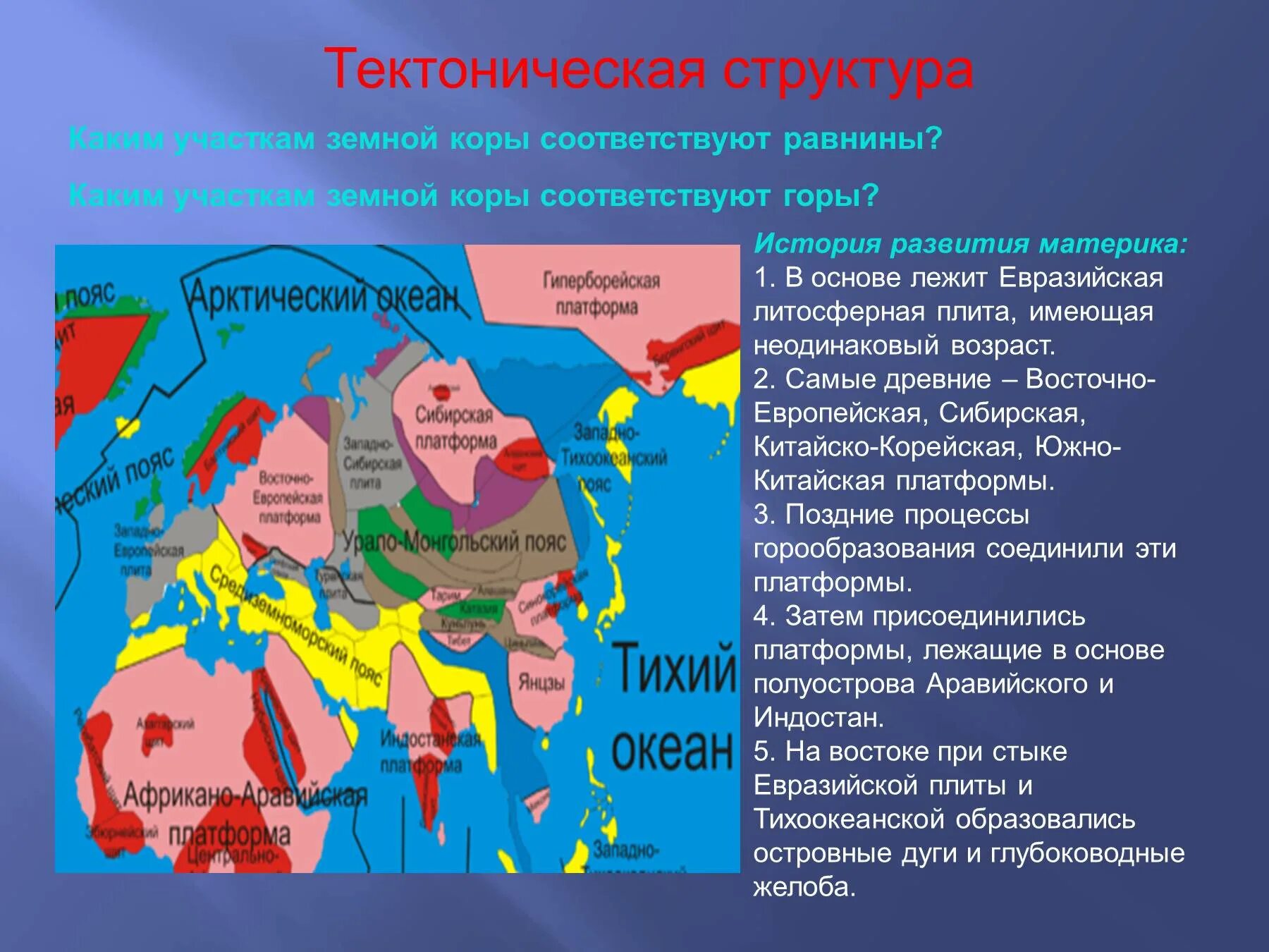 Какие платформы лежат в основании евразии. Тектоническое строение Евразии 7 класс география. Тектонические структуры Евразии 7 класс. Основные формирования рельефа Евразии. Карта тектонических структур Евразии.