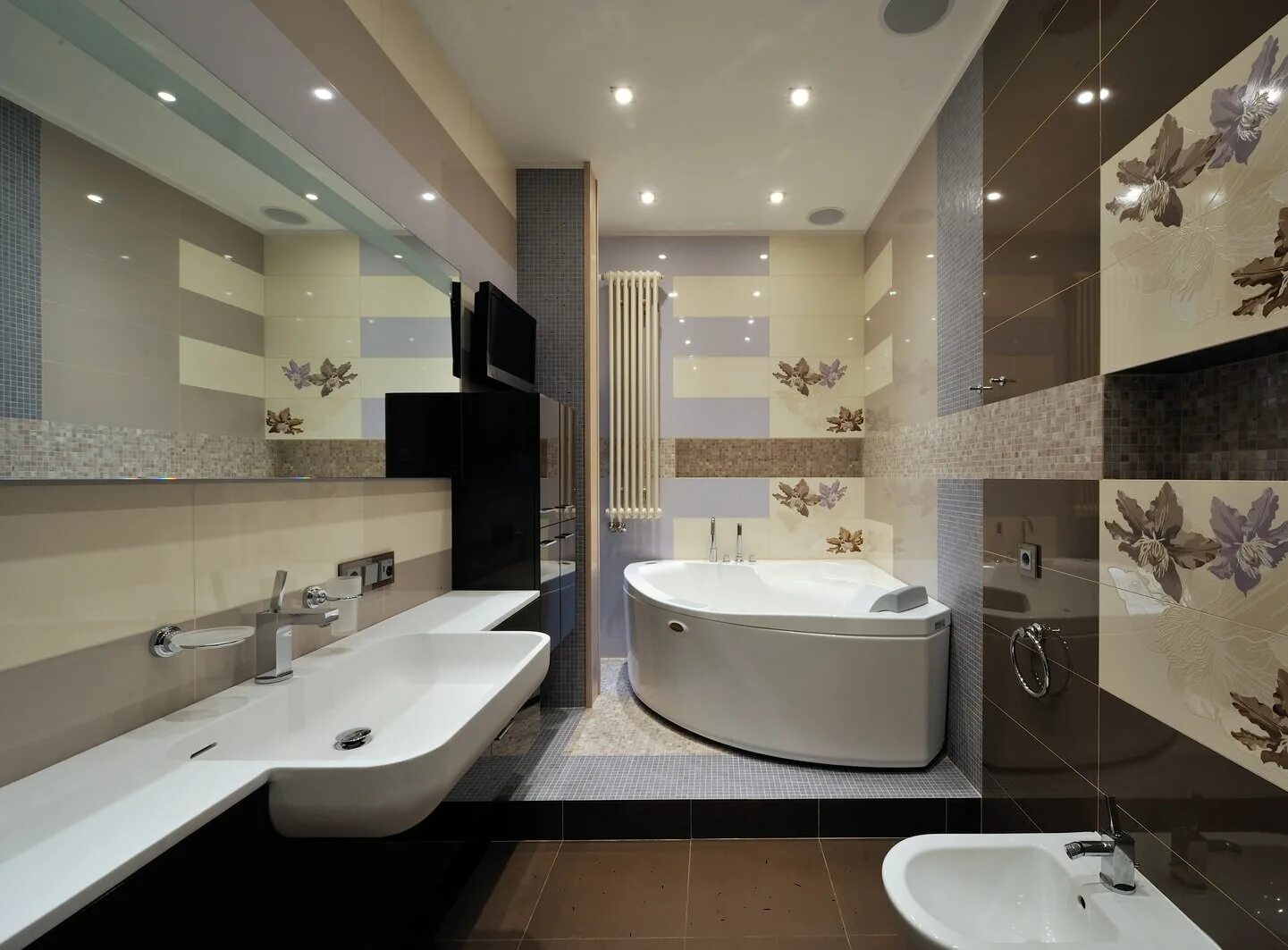 Ванная в квартире. Ванная комната. Красивая ванная в квартире. Готовый интерьер ванной комнаты. Интерьер ванной комнаты с угловой ванной.