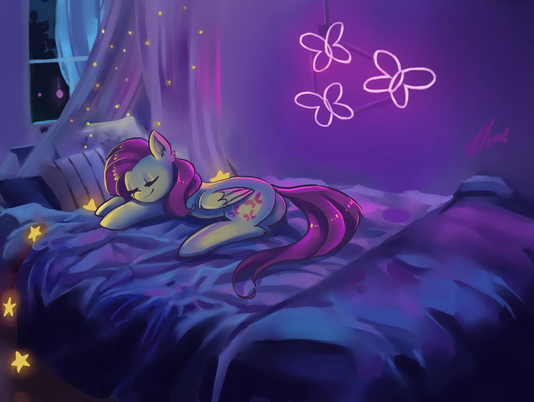 Night pony. Пони Флаттершай лежит. MLP Fluttershy Sleep.