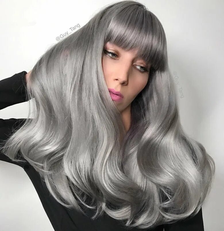 Седое окрашивание. Волосы цвет стали. Светло русый с фиолетовым оттенком. Грей хаир. Цвет волос металлик.