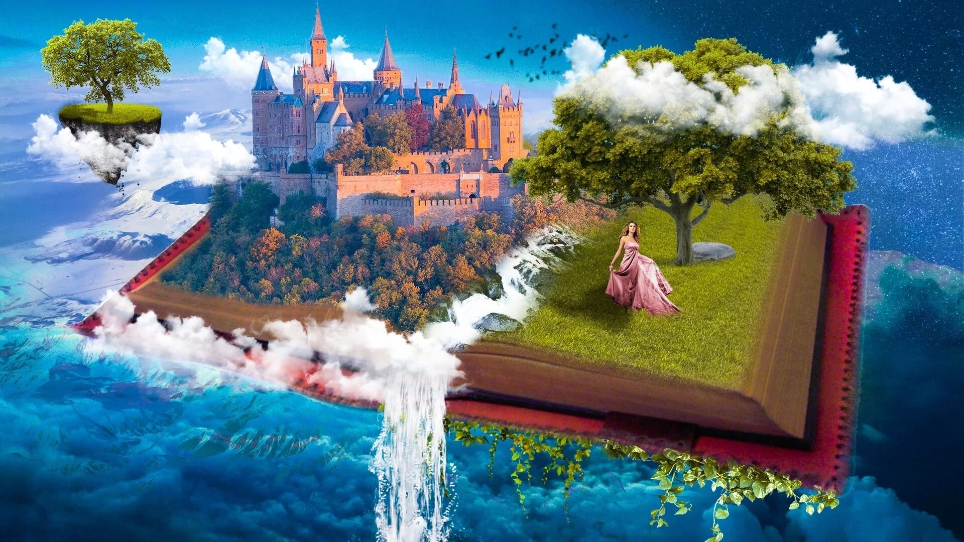 Мир реальности и мир мечты. Сказочный остров. Сказочный замок. Коллаж сказочный мир. Путешествие в сказочный мир.
