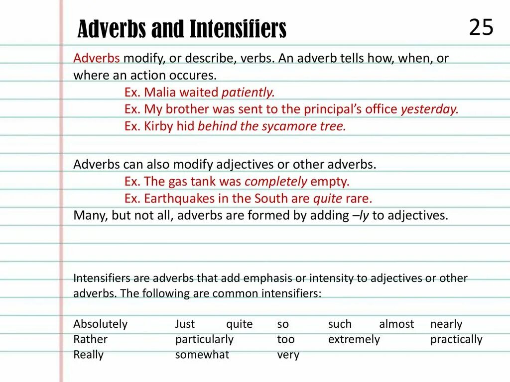 Intensifiers в английском. Adverbial phrases в английском. Adjective modifiers правило. Adjectives and adverbs. Patient adjective