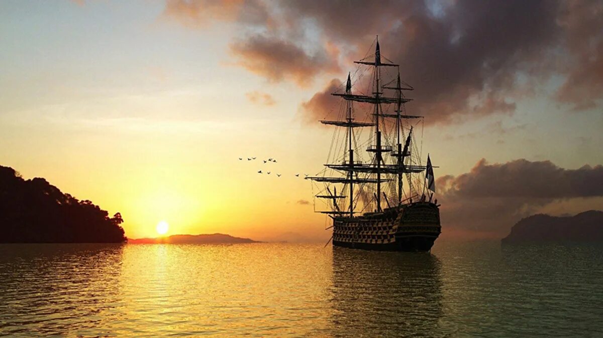 Ветер свободы песни. Корабль на закате. Пиратский корабль на закате. Парусник на закате. Старинные корабли на закате.