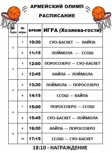 Расписание игр на 10. Расписание игр на 10