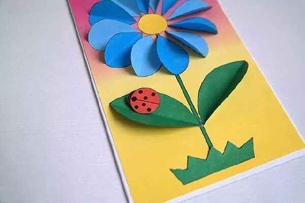 Открытка из цветной бумаги. Аппликация из цветной бумаги. Детская открытка своими руками. Открытка из картона и цветной бумаги.