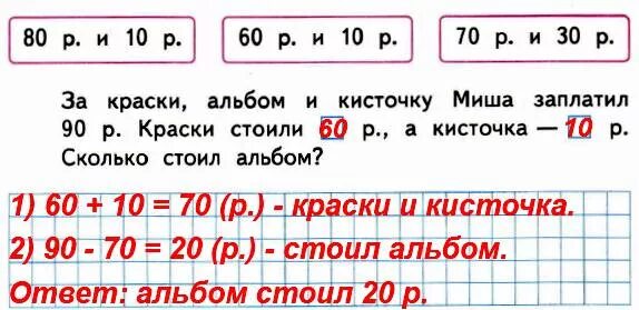 За 6 альбомов заплатили 60 рублей. Выбери ту пару чисел которой. За краски альбом и кисточку Миша заплатил 90. Дополни условие числами и реши задачу. Задачи с числами с решением.