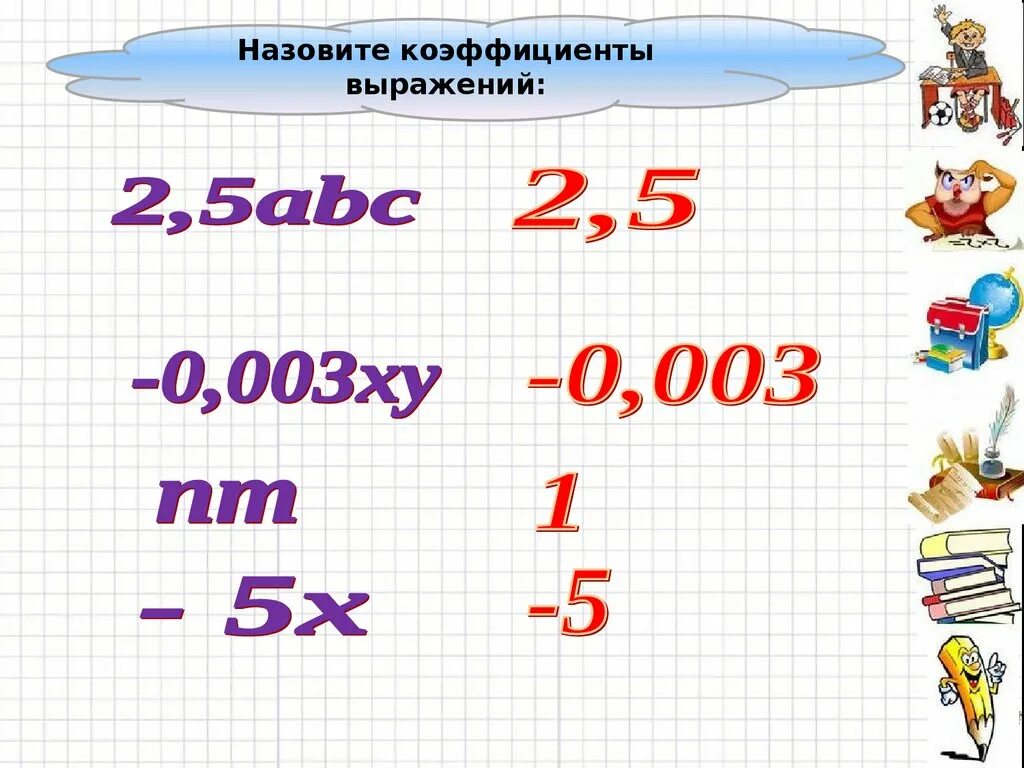 Коэффициент выражения математика 6 класс. Назовите коэффициент выражения. Назовите коэффициент выражения: − XY. Что такое коэффициент выражения 6 класс. Что называют коэффициентом выражения.