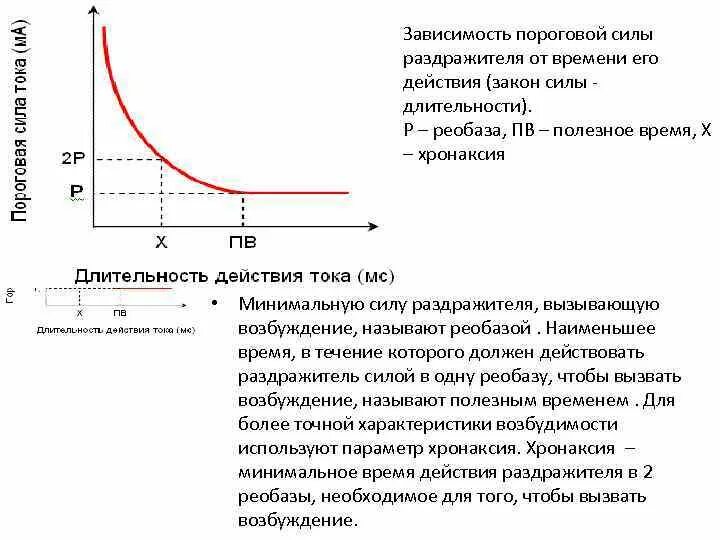 Зависимость пороговой силы раздражителя от его длительности. Зависимость силы раздражителя от времени его действия.. Закон силы времени. Зависимость возбудимости от силы раздражителя.