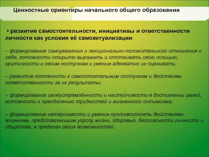 Описание ценностных ориентиров