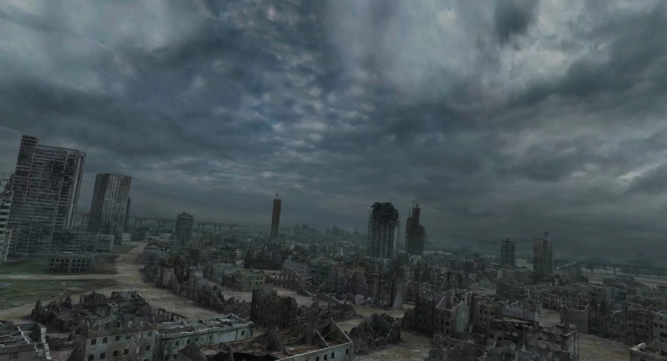 Руины Нью-Йорка. Разрушенный город. Город после апокалипсиса. Разрушенный город вид сверху.