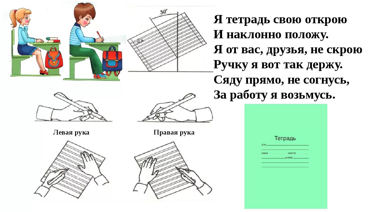 Прийти тетрадь. Правильное положение тетради при письме. Тетрадь при письме. Правильное расположение тетради при письме. Правильно держать тетрадь при письме.