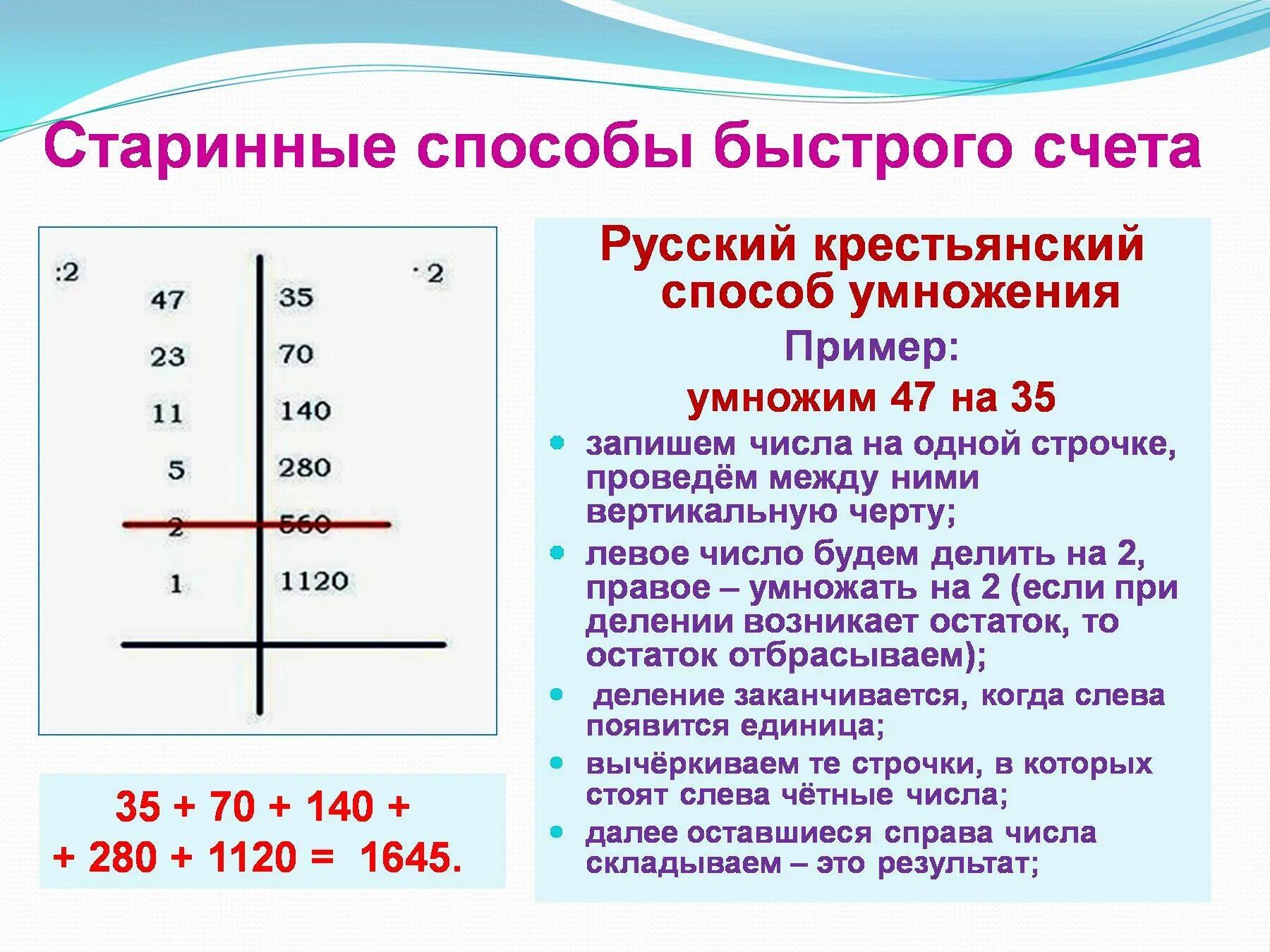 Русско крестьянский способ умножения чисел. Примеры для быстрого счета. Способы быстрого умножения. Приемы быстрого счета. Быстрый счет 4 класс