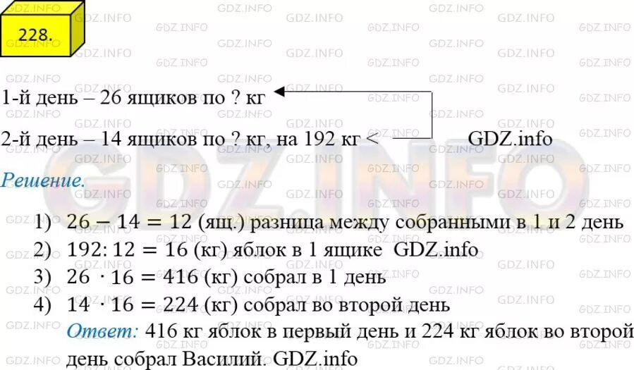 Математика 4 класс задание 228. Математика 5 класс 1 ящик 2 ящик 32 кг яблок.