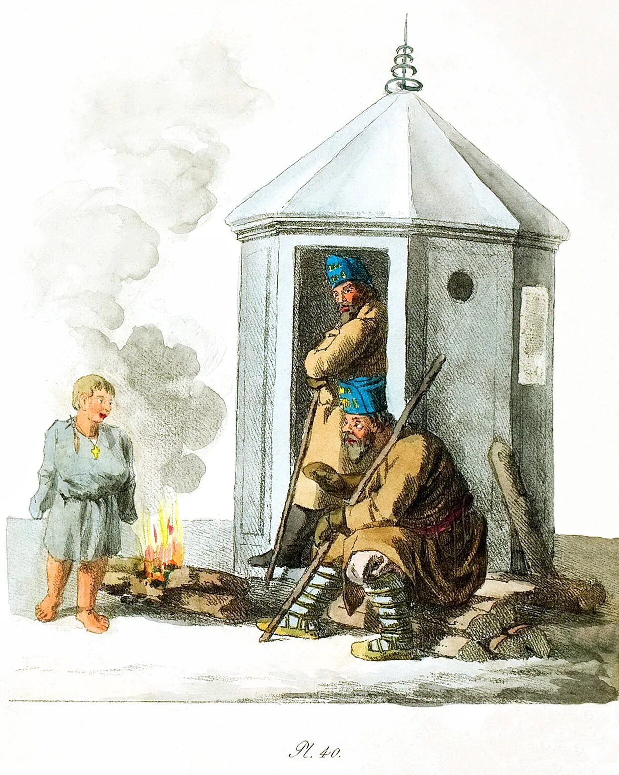 Вторая сторожа. Кустодиев шинель будочник. Будочники 19 века. Караульная будка 19 век.