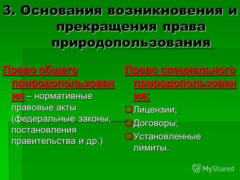 Объект и субъект природопользования. Право природопользования относится к