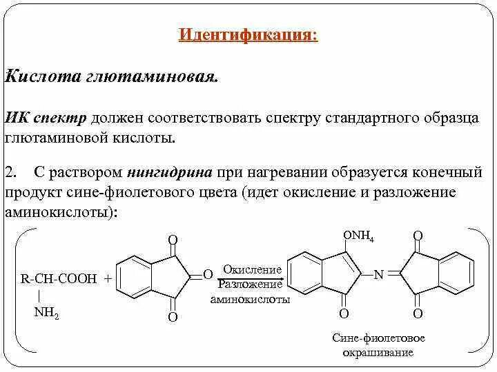 Подлинность образа. Аминокапроновая кислота нингидрин реакция. Реакции идентификации глутаминовой кислоты. Качественная реакция на глютаминовую кислоту. Аминокапроновая кислота с нингидрином.