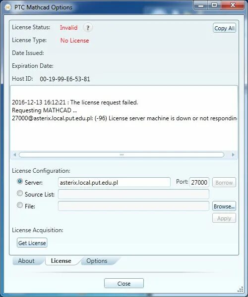Invalid license. Маткад лицензия. Сервер лицензий Mathcad 15. Код продукта маткад 15 для студентов. Указать Server name и Server Port маткад лицензия.