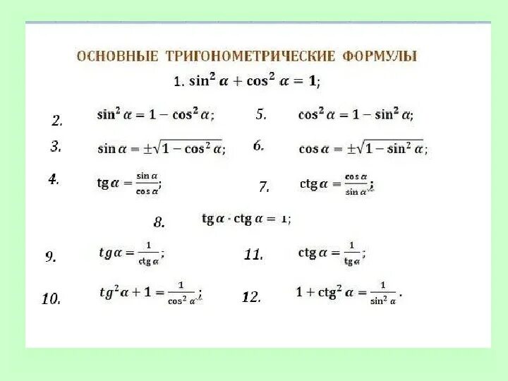 8 формула тригонометрии. Основные тригонометрические формулы 9 класс Алгебра. Основные тригонометрические формулы 9 класс геометрия. Основные формулы тригонометрии 10 класс. Основные тригонометрические тождества 10 класс формулы.