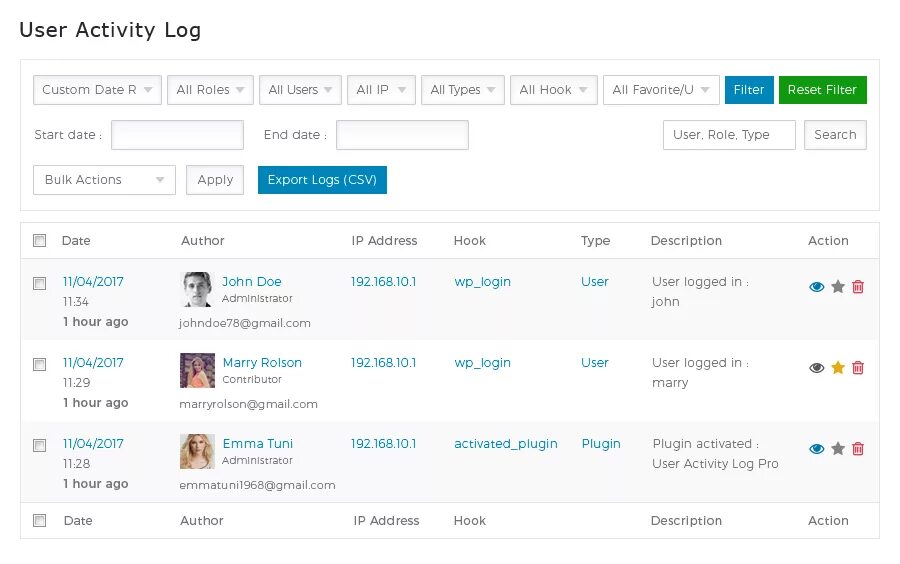 User activity. Tracking log Active. Track user Actions. Activity log