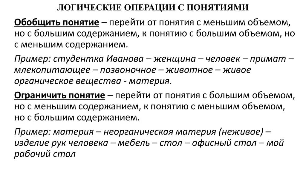 Операция ограничения понятия. Операции обобщения и ограничения понятий. Операция ограничения понятия в логике. Операции с понятиями в логике. Ограничение понятий в логике примеры.