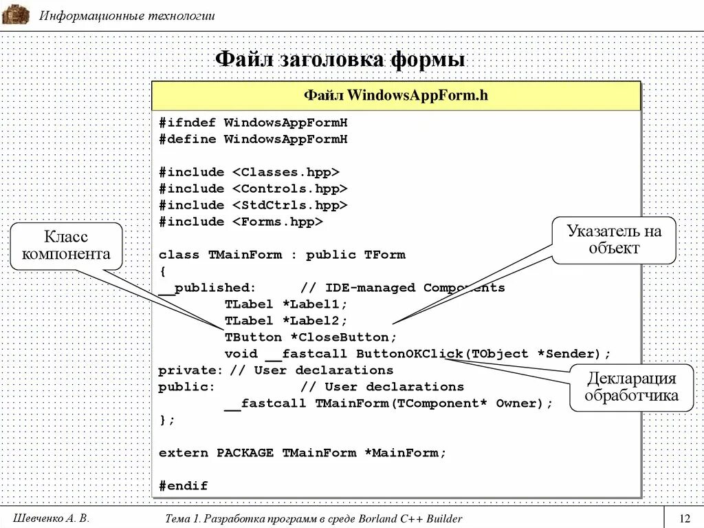 Форма для заголовка. Заголовочный файл h. Заголовочный файл c++. Разработка программ.