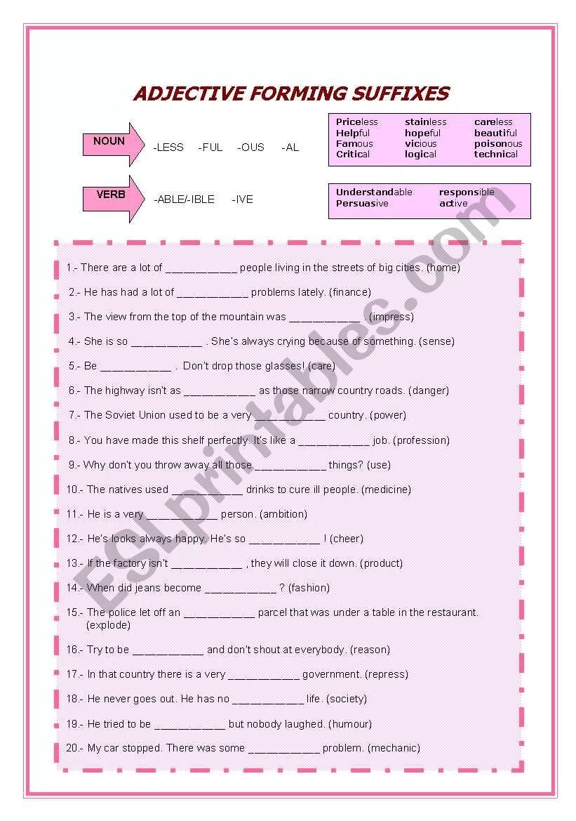 Forming adjectives exercises. Forming adjectives exercises