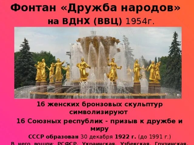 Вднх сообщение для 2 класса по окружающему. Фонтан дружба народов на вднх 1954. вднх дружба народов описание. фонтан дружбы народов проект.