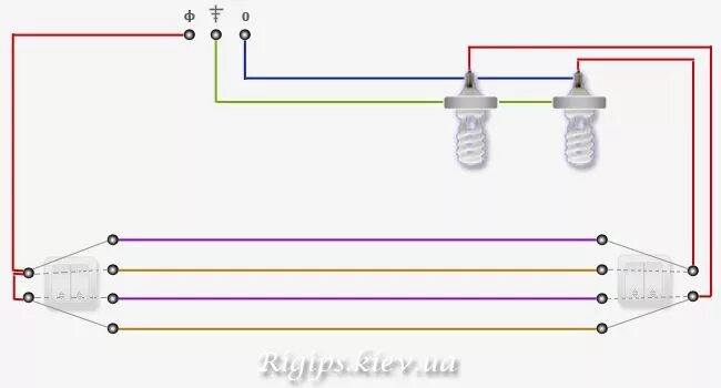 Схема подключения трех двухклавишных выключателя Схема 2х клавишного выключателя на 2 лампочки