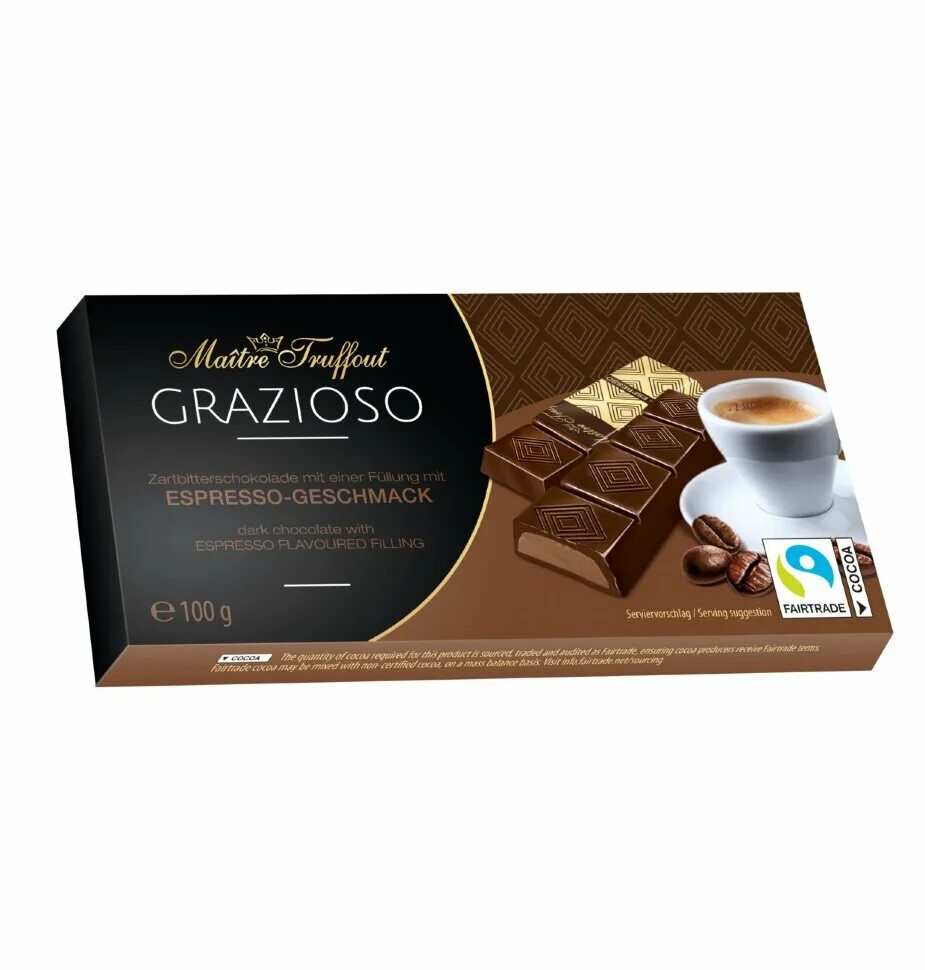 Вкус эспрессо. Grazioso шоколад. тёмный шоколад с начинкой со вкусом espresso. maitre truffout шоколад. шоколад maitre truffout grazioso темный с начинкой со вкусом эспрессо, порционный.