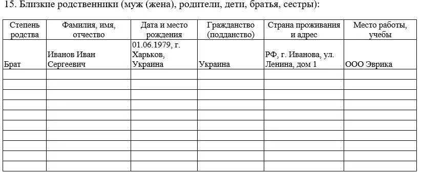 Список родственников образец. Список близких родственников образец заполнения МВД. Сведения о ближайших родственниках образец. Сведения о близких родственниках образец.