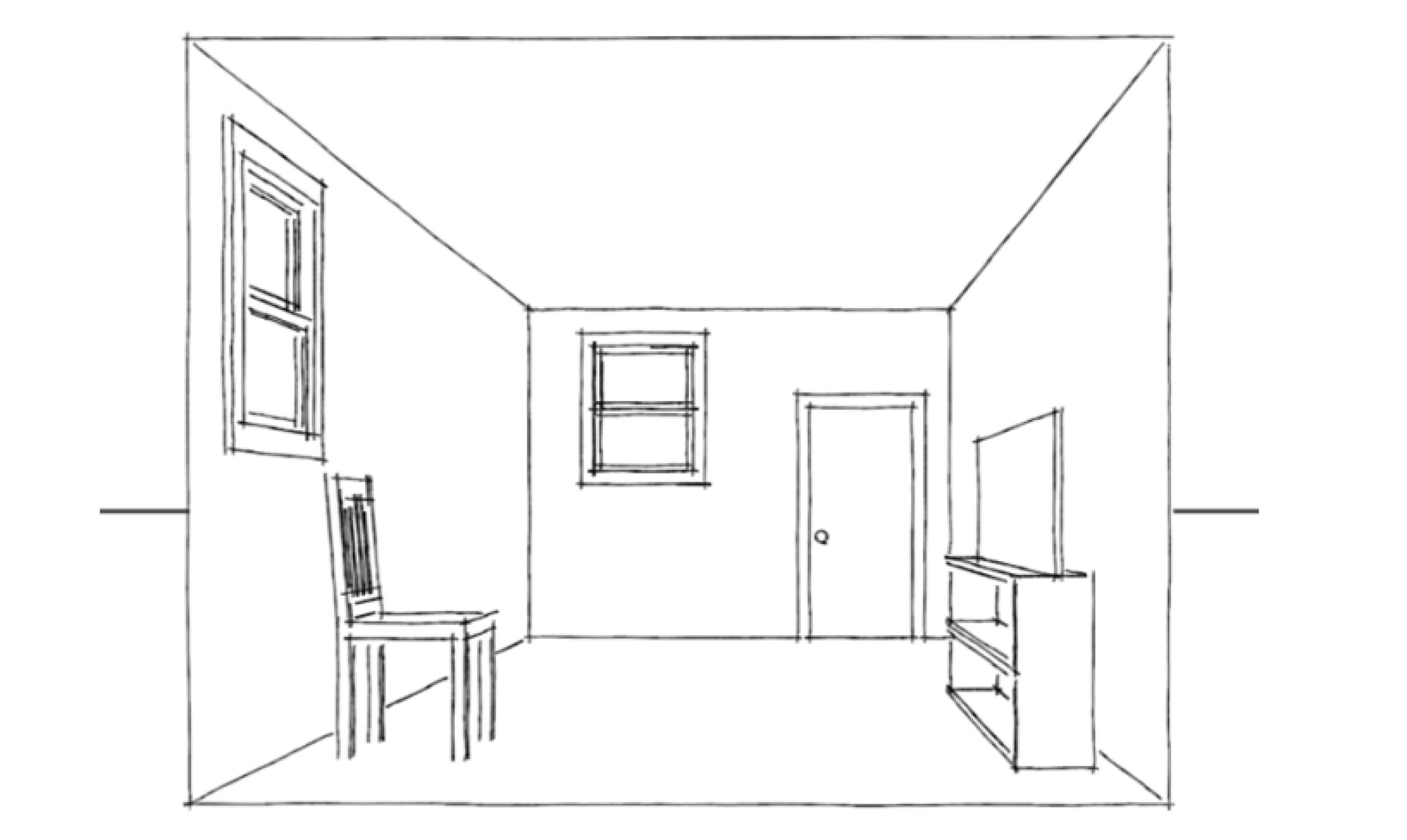 Рисунок комнаты 7 класс легко. Перспектива помещения сбоку. Перспектива комнаты сбоку. Перспектива сбоку перспектива комната. Фронтальная перспектива комнаты чертеж.