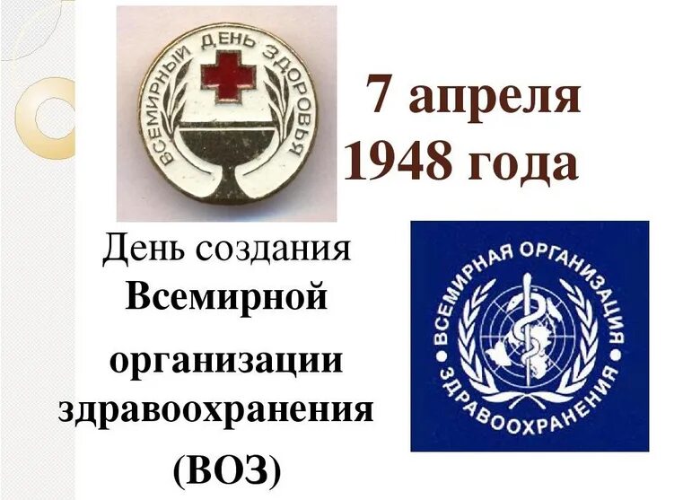 Дни здоровья воз. Всемирный день здоровья. Всемирный день здоровья 1948 всемирной организации здравоохранения. 1948 Год 7 апреля. 7 Апреля Всемирный день охраны здоровья.