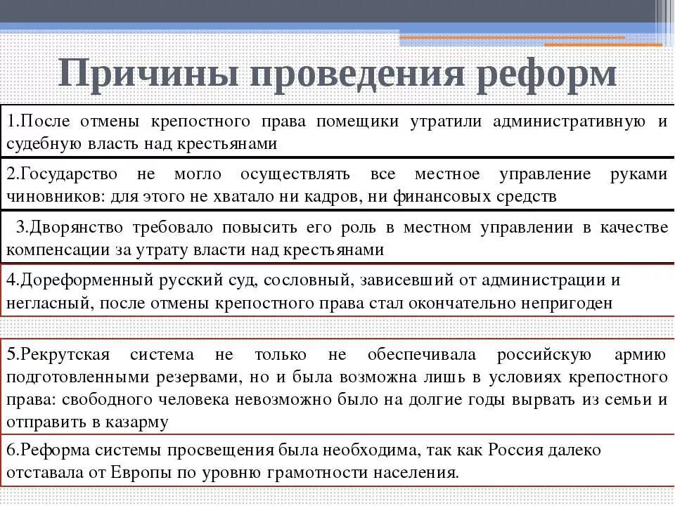 Назовите причины проведения великих реформ. Причины проведения великих реформ. Причины и предпосылки великих реформ. Предпосылки для проведения буржуазных реформ.