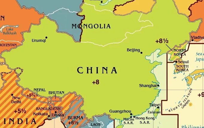 Часовая карта Китая. Часовые пояса Китая на карте. Временные зоны Китая. Часовые зоны в Китае.