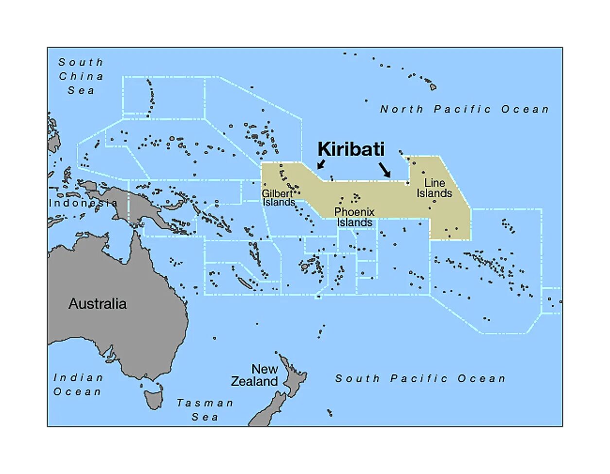 Кирибати на карте Океании. Острова лайн Кирибати. Кирибати на карте Австралии.