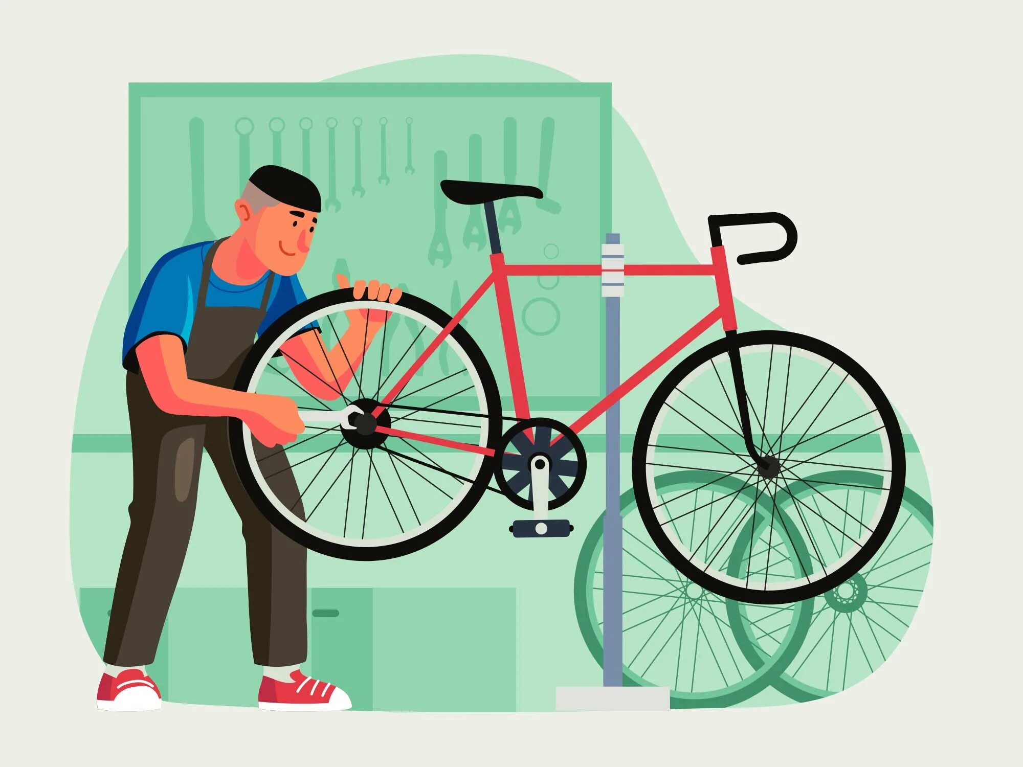 Bike mechanic. Чинит велосипед. Велосипед в иллюстраторе. Починка велосипеда. Отремонтированный велосипед.