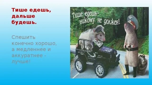 Тише едешь дальше будешь будет уместно. Тише едешь дальше будешь. Пословица тише едешь дальше будешь. Иллюстрация к пословице тише едешь дальше будешь. Поговорка тихо едешь дальше будешь.