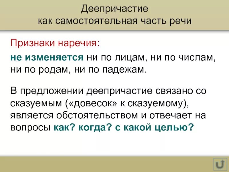 Деепричастие как часть речи. Деепричастие изменяется по падежам. Деепричастие изменяется по родам числам и падежам. Деепричастие как самостоятельная часть речи.