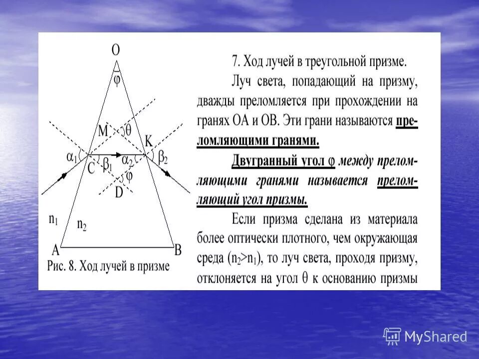 Отклонение светового луча. Ходлкчей в треугольной призме. Преломление лучей в треугольной призме. Построение лучей в призме. Ход лучей в призме.