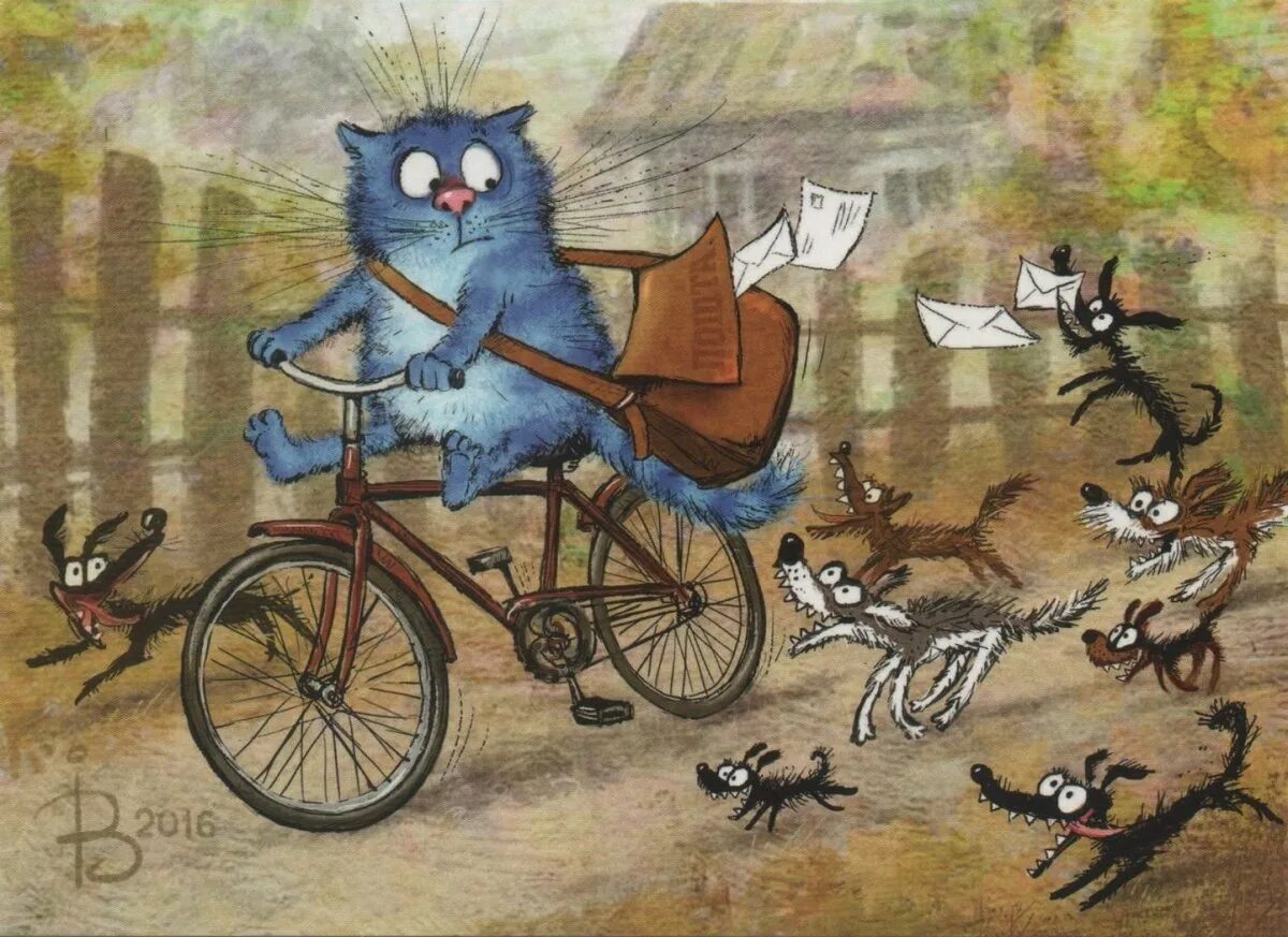 Кот едет на велосипеде. Коты ирины зенюк. синие коты зенюк.