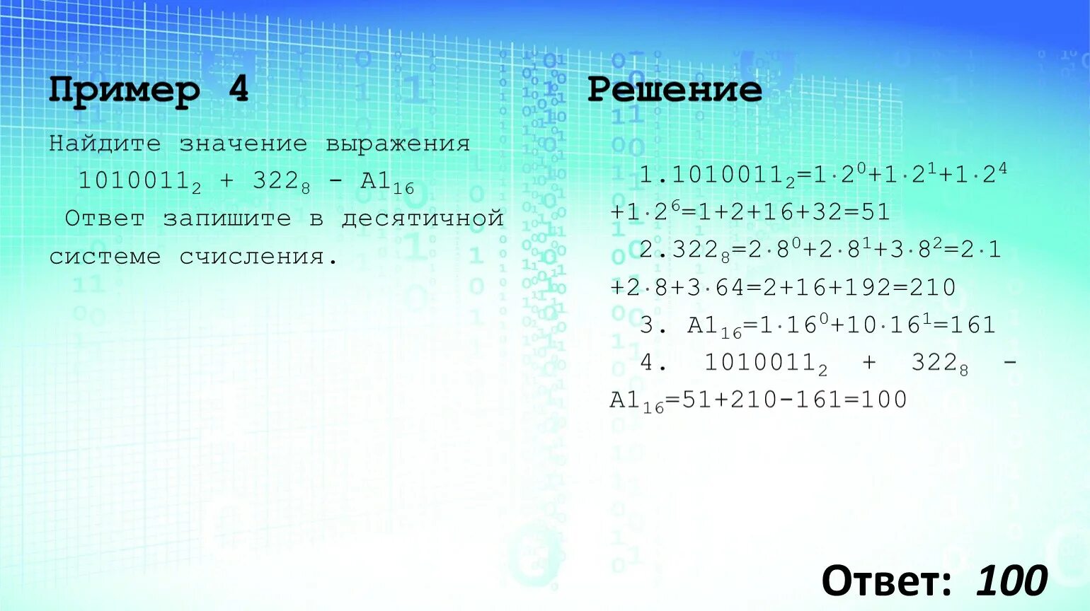 6 найдите значение выражения 3 ответ. Найдите значение выражения 10100112+3228. 1010011+322-А1. Запишите значение выражения в десятичной системе счисления. Найдите значение выражения ответ запишите в десятичной системе.