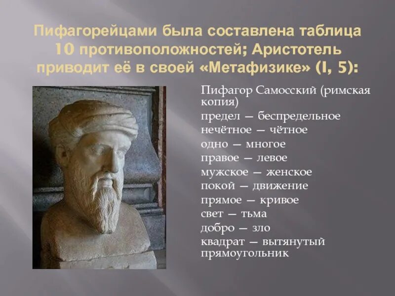 Какой вклад в науку внес самосский. Таблица 10 противоположностей пифагорейская. Аристотель о пифагорейцах. Противоположности пифагорейцев. Аристотель противоположности.