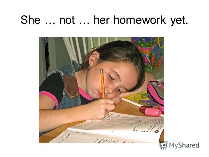 She does her homework. She not do her homework yet. She has done her homework. She do her homework Now.