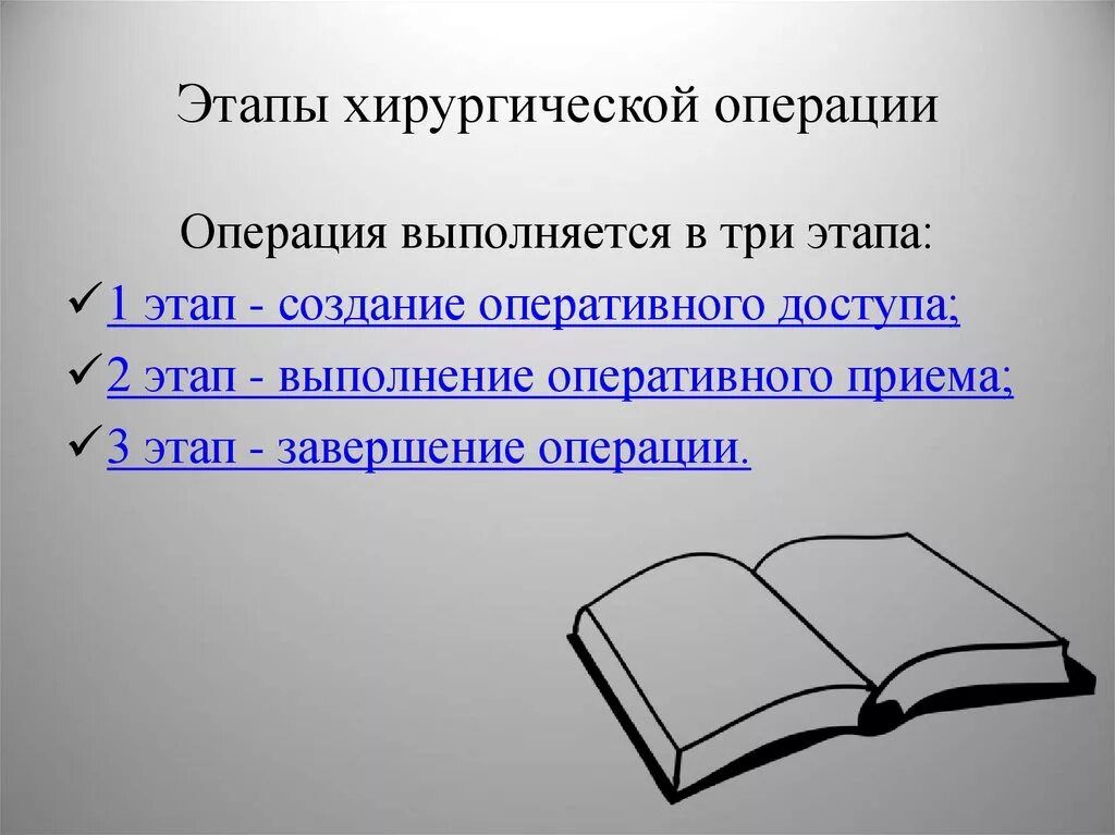 Этапы хирургической операции. Этапы хирургического вмешательства. Любая операция проводится в три этапа.