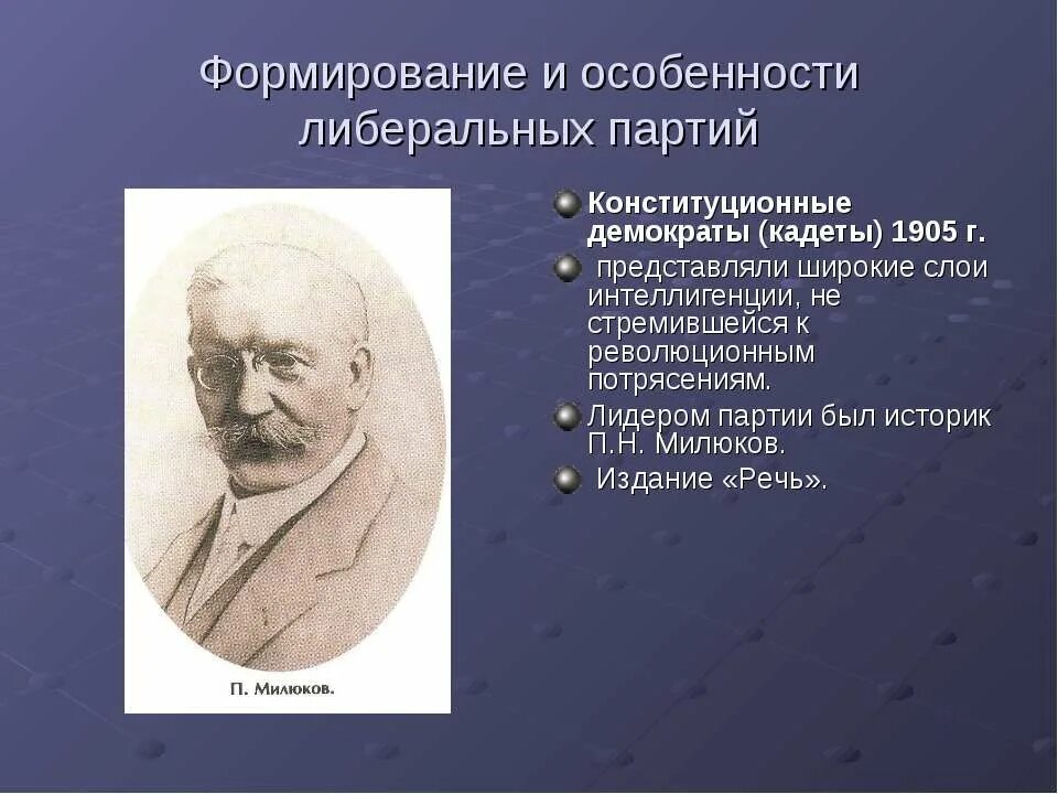 Какие партии были либеральными. Конституционно-Демократическая партия п н Милюков. Милюков Лидер партии кадетов. Партия 1905 Лидер партии Милюков. Лидер партии кадетов 1905.