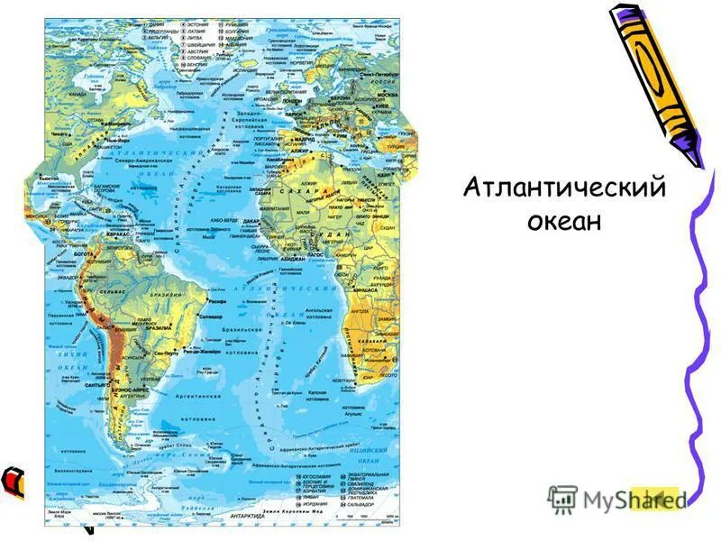 Атлантический океан арта. Ширина атлантического океана. Атлантический океан широта. Физическая карта атлантического океана 7 класс. Географическое положение атлантического океана.