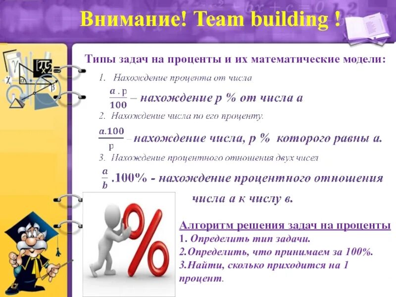 Решение текстовых задач на проценты. Алгоритм решения задач на проценты. Задачи на проценты. Формулы для решения задач на проценты. Типы задач на проценты.