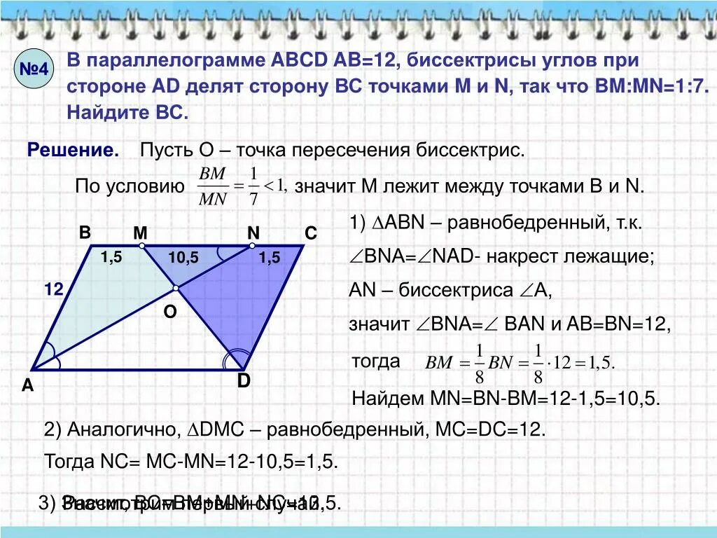 Биссектриса проведенная из вершины параллелограмма. Биссектриса угла параллелограмма. Пересечение биссектрис в параллелограмме. В параллелограмме ABCD биссектриса. Точка пересечения биссектрис параллелограмма.